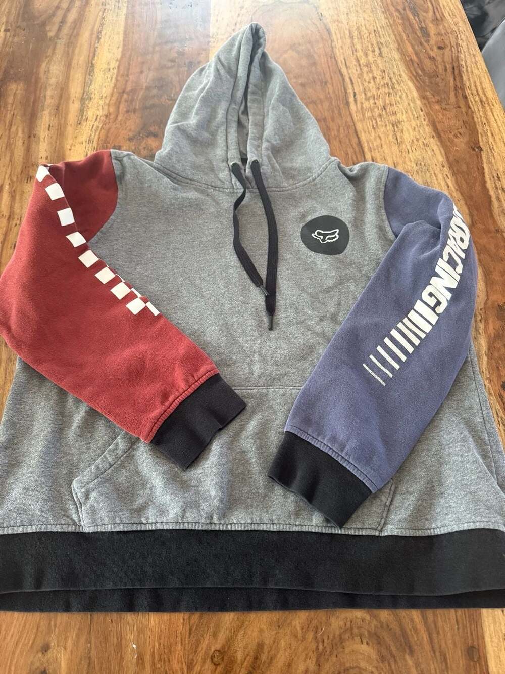 Kids Fox Racing Colorblock Pullover Hoodie Grey Red Blue Checkered Sleeve XL